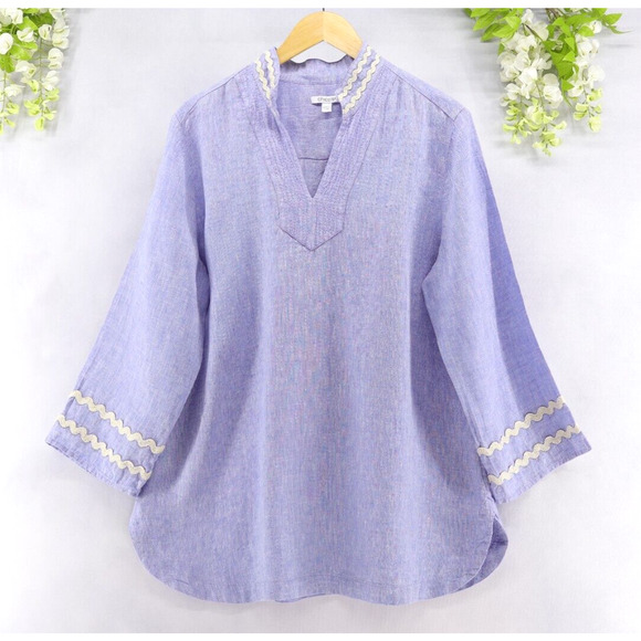 Chico's Women's Sz 3 Embroidered Linen Rick Rack Trim Tunic Blue Veil Top - Picture 1 of 9